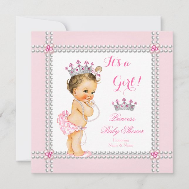 Convite Chuva de Bebê Princesa Menina Pérolas Rosa Morena (Frente)