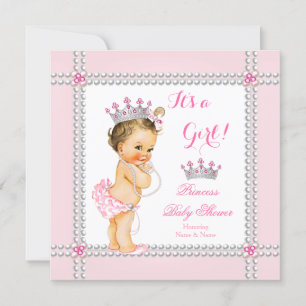 Convite Chuva de Bebê Princesa Menina Pérolas Rosa Morena