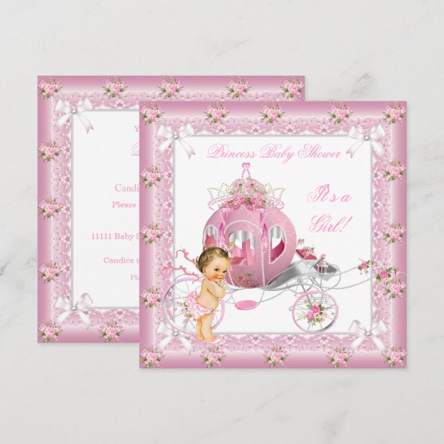 Convite Chuva de Bebê Princesa Menina Pérolas Rosa Morena (Frente/Verso)