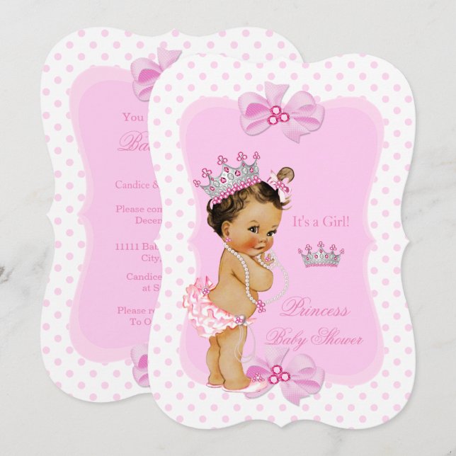Convite Chuva de Bebê Princesa Menina Pontos Rosa Morena (Frente/Verso)