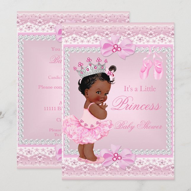Convite Chuva de Bebê Princesa Menina Rosa Bailarina Étnic (Frente/Verso)