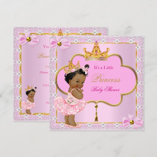 Convite Chuva de Bebê Princesa Menina Rosa Dourado Étnico (Frente/Verso)