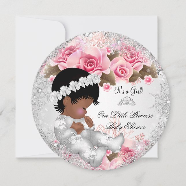 Convite Chuva de Bebê Princesa Menina Rosa Flocos de Neve  (Frente)