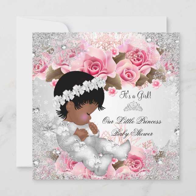 Convite Chuva de Bebê Princesa Menina Rosa Flocos de Neve  (Frente)