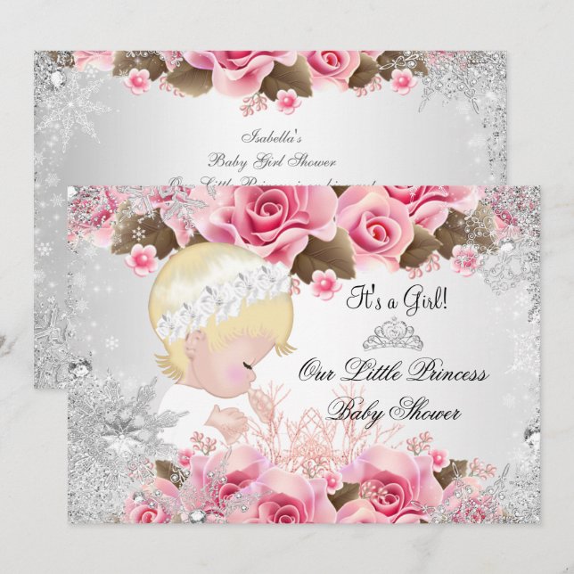 Convite Chuva de Bebê Princesa Menina Rosa Flocos de Neve  (Frente/Verso)