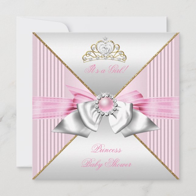 Convite Chuva de Bebê Princesa Menina Rosa Pérola Ouro Pra (Frente)