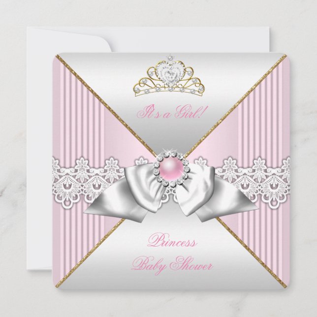 Convite Chuva de Bebê Princesa Menina Rosa Pérola Ouro Pra (Frente)