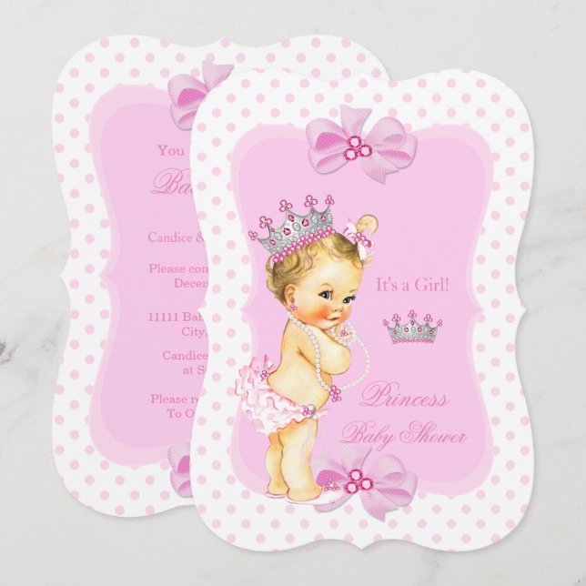 Convite Chuva de Bebê Princesa Menina Rosa Pontos Blonde (Frente/Verso)