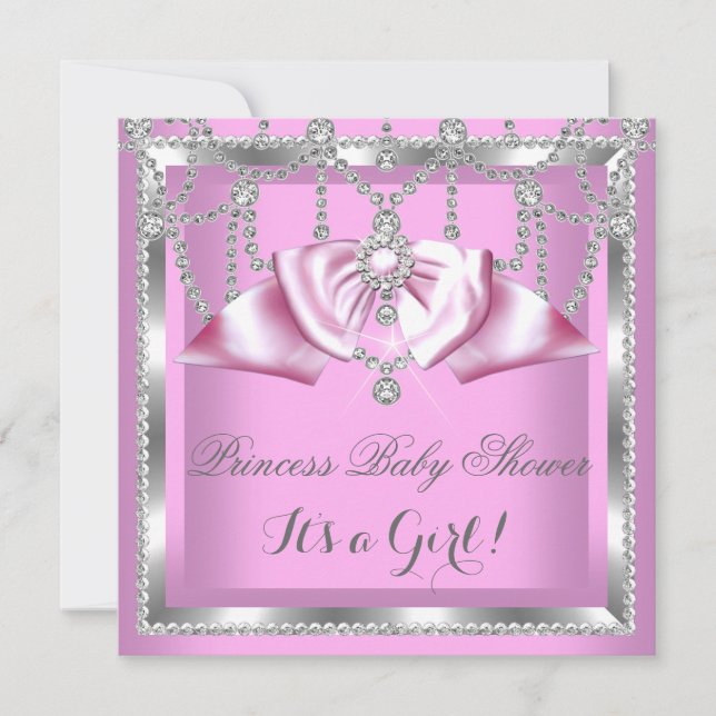 Convite Chuva de Bebê Princesa Menina Rosa Prata Diamante (Frente)