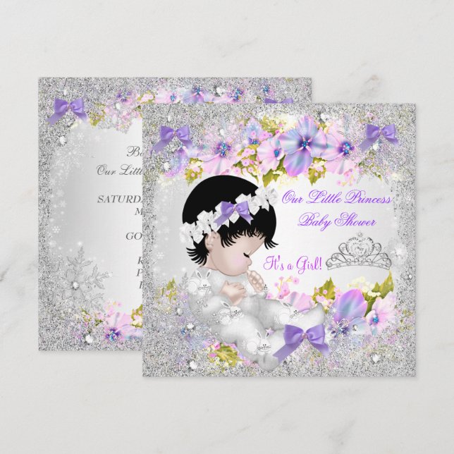 Convite Chuva de Bebê Princesa Menina Rosa Roxo Floco de N (Frente/Verso)