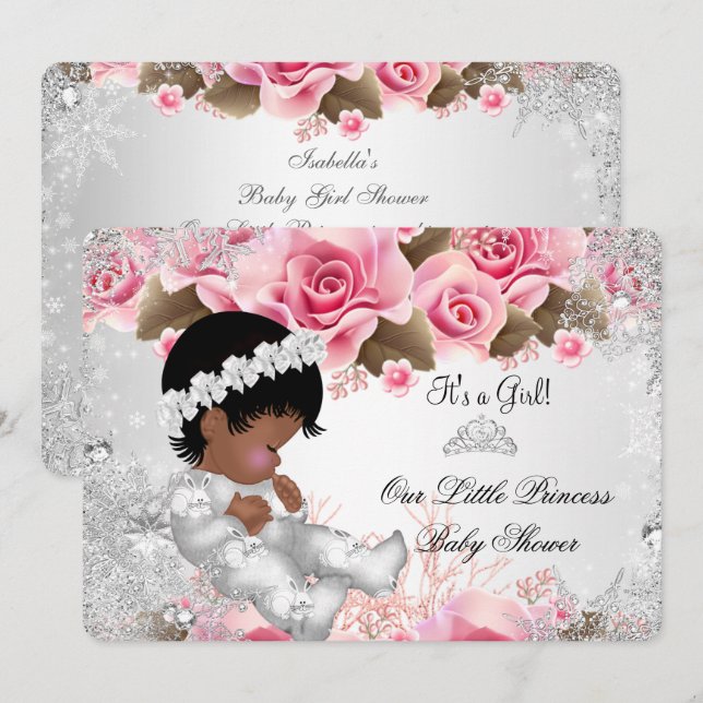 Convite Chuva de Bebê Princesa Menina Rosas Floco de Neve  (Frente/Verso)
