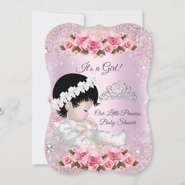 Convite Chuva de Bebê Princesa Menina Rosas Rosa (Frente)