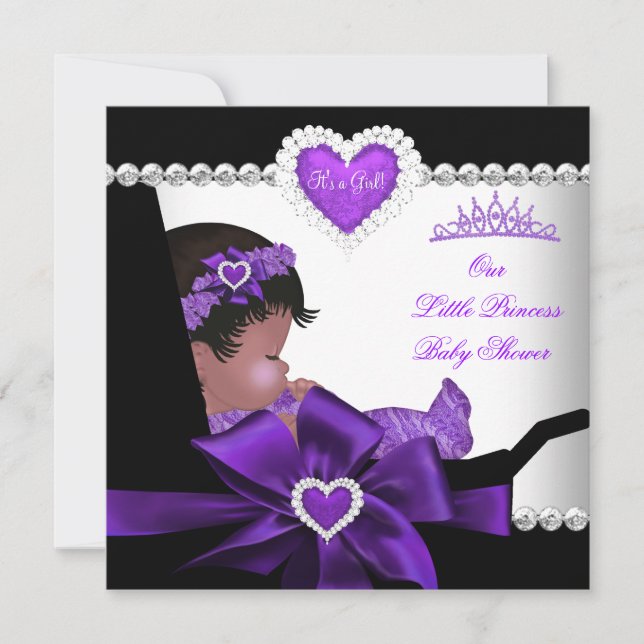 Convite Chuva de Bebê Princesa Menina Roxa Afro-Americana (Frente)
