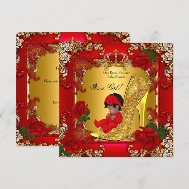 Convite Chuva de Bebê Princesa Menina Salto Alto Dourado R (Frente/Verso)