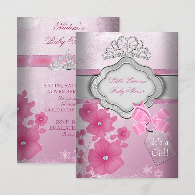 Convite Chuva de Bebê Princesa Menina Tiara Princesa Rosa (Frente/Verso)