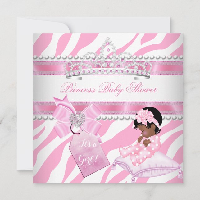 Convite Chuva de Bebê Princesa Menina Zebra Rosa Branco Ét (Frente)