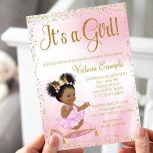 Convite Chuva de Bebê Princesa Ouro Rosa É uma Menina