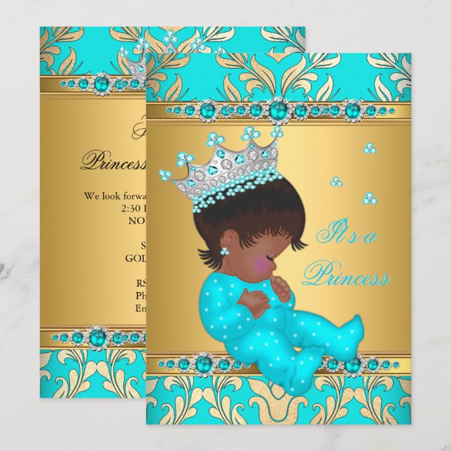 Convite Chuva de Bebê Princesa Pérola Azul Turquesa Etnico (Frente/Verso)