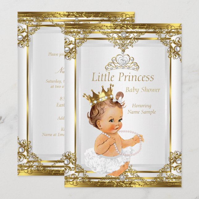 Convite Chuva de Bebe Princesa Pérola Branca Brunette (Frente/Verso)