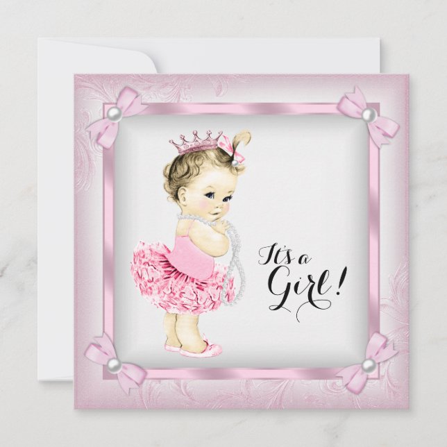 Convite Chuva de Bebê Princesa Pérola Rosa e Branco Tutu (Frente)