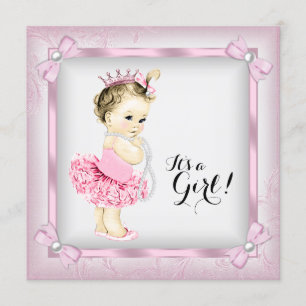 Convite Chuva de Bebê Princesa Pérola Rosa e Branco Tutu