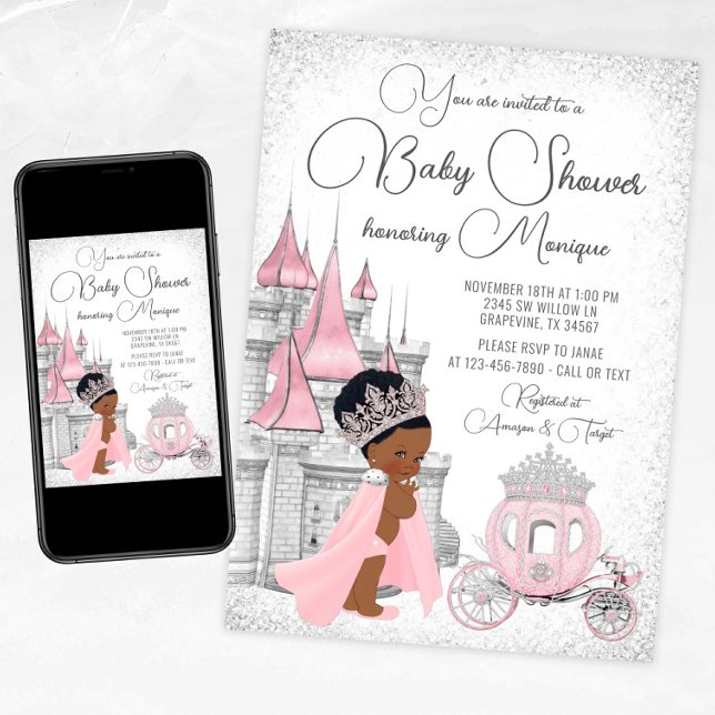Convite Chuva de Bebê Princesa Preta  (Pink silver princess baby shower invitation with African princess, castle and carriage.)