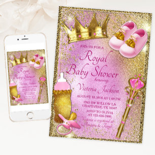 Convite Chuva de Bebê Princesa Real Rosa Dourado