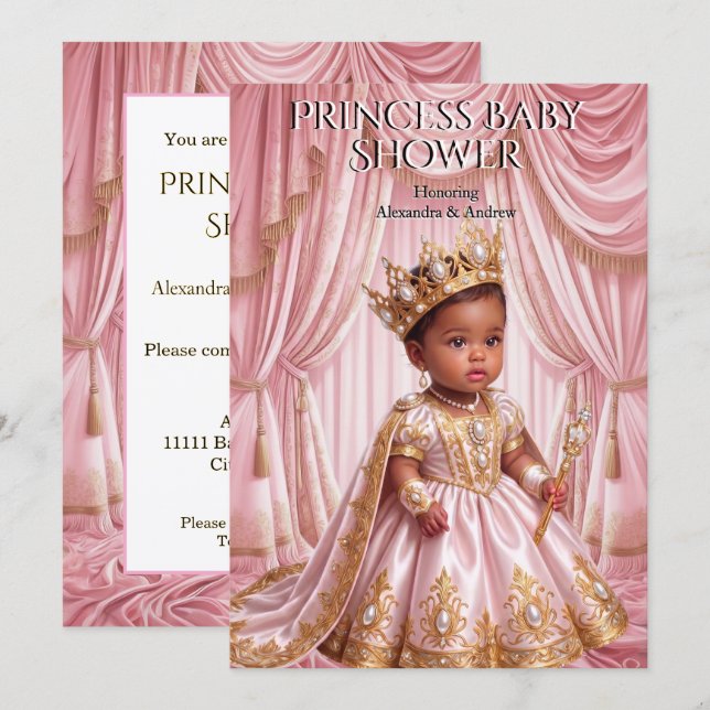 Convite Chuva de Bebê Princesa Real Tiara Rosa Ouro Étnico (Frente/Verso)