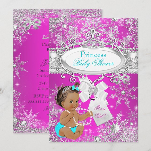 Convite Chuva de Bebê Princesa Rosa Água Marinha Morena (Frente/Verso)