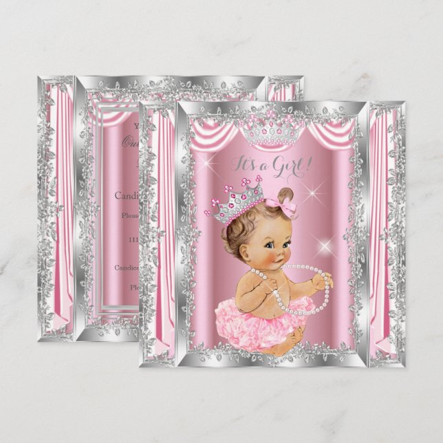 Convite Chuva de Bebê Princesa Rosa Bailarina de Luz Prata (Frente/Verso)