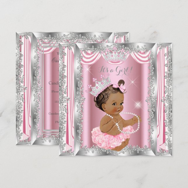 Convite Chuva de Bebê Princesa Rosa Bailarina Prata Escuro (Frente/Verso)