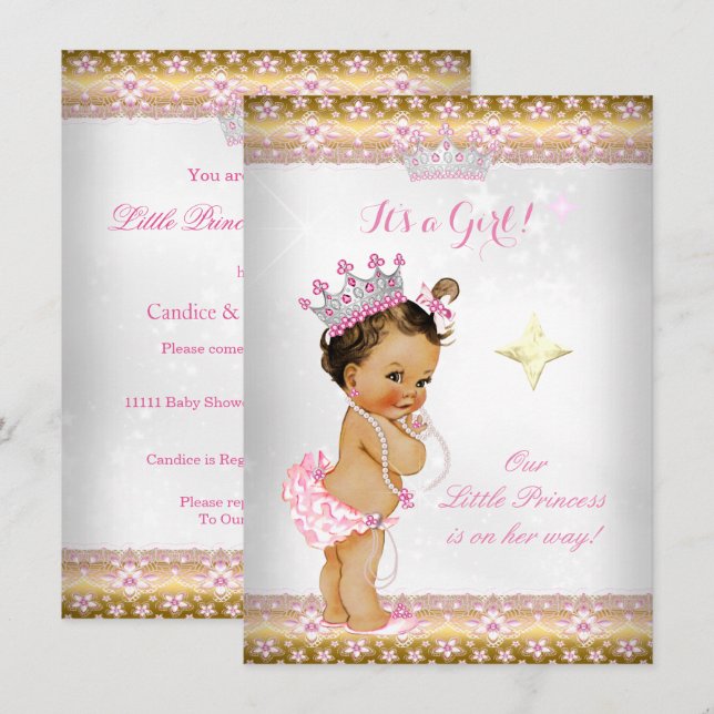 Convite Chuva de Bebê Princesa Rosa Branco Dourado Tiara B (Frente/Verso)