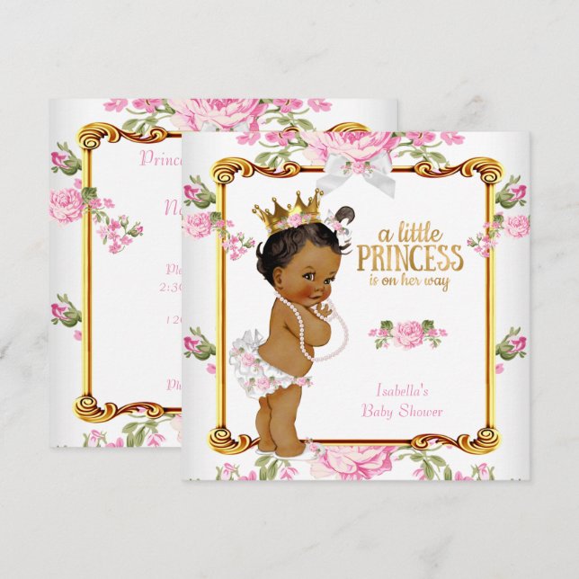 Convite Chuva de Bebê Princesa Rosa Branco Floral Étnico (Frente/Verso)