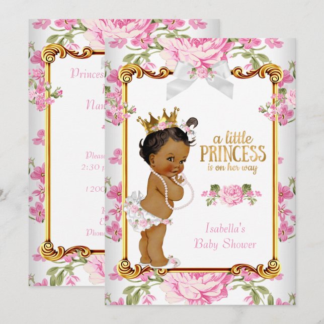 Convite Chuva de Bebê Princesa Rosa Branco Floral Étnico 2 (Frente/Verso)