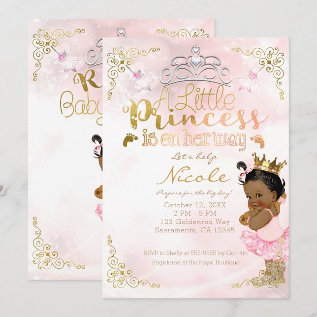 Convite Chuva de Bebê Princesa Rosa Brilho Etnia Pele More (Frente/Verso)