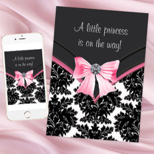 Convite Chuva de Bebê Princesa Rosa Damasco Preto
