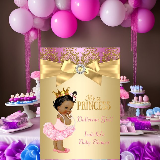 Convite Chuva de Bebê Princesa Rosa Dourado Bailarina Étni (Criador carregado)