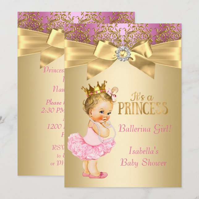 Convite Chuva de Bebê Princesa Rosa Dourado Bailarina Loir (Frente/Verso)