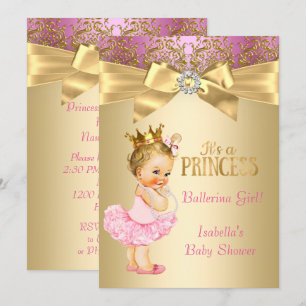 Convite Chuva de Bebê Princesa Rosa Dourado Bailarina Loir