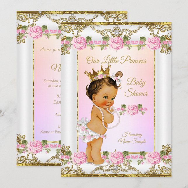 Convite Chuva de Bebê Princesa Rosa Dourado Branco Morena (Frente/Verso)