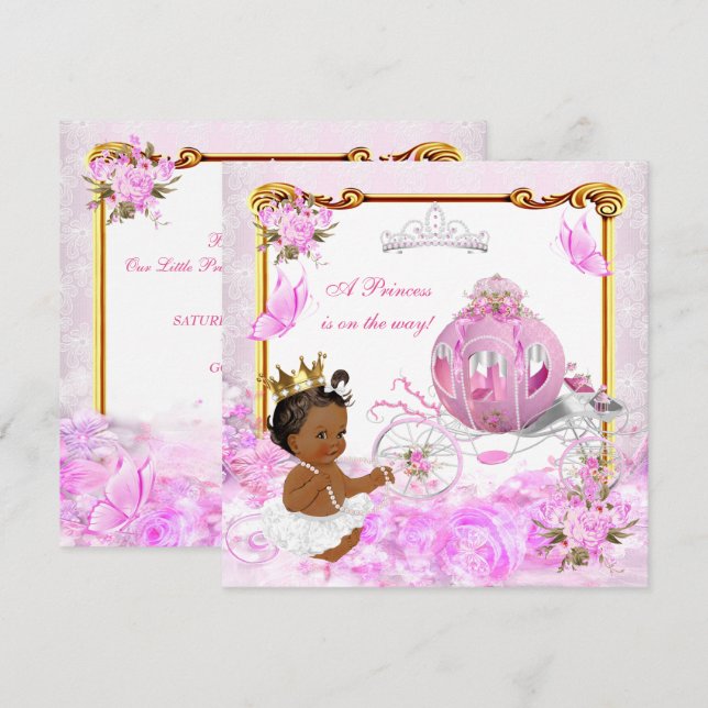 Convite Chuva de Bebê Princesa Rosa Dourado Carruagem Étni (Frente/Verso)