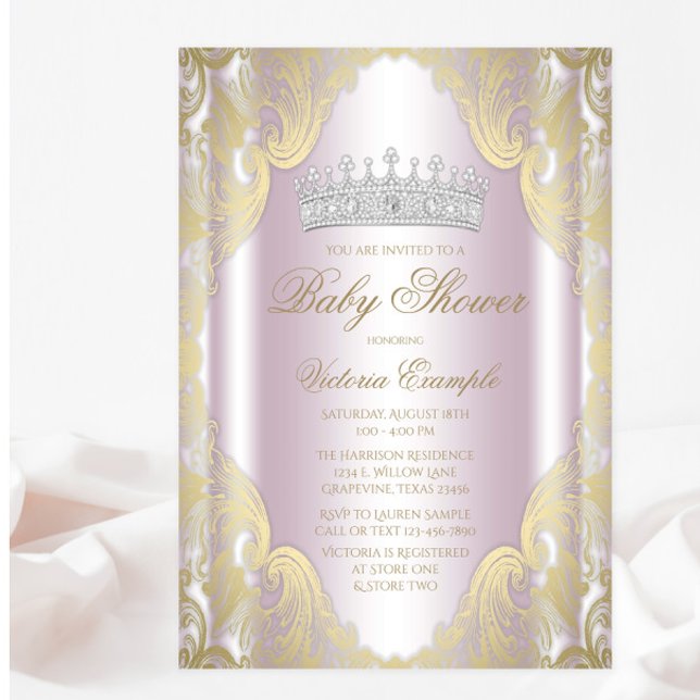 Convite Chuva de Bebê Princesa Rosa Dourado Chique (You can change all text as needed for your event.)