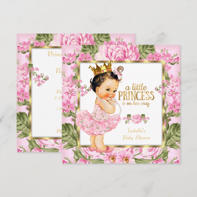 Convite Chuva de Bebê Princesa Rosa Dourado Floral (Frente/Verso)