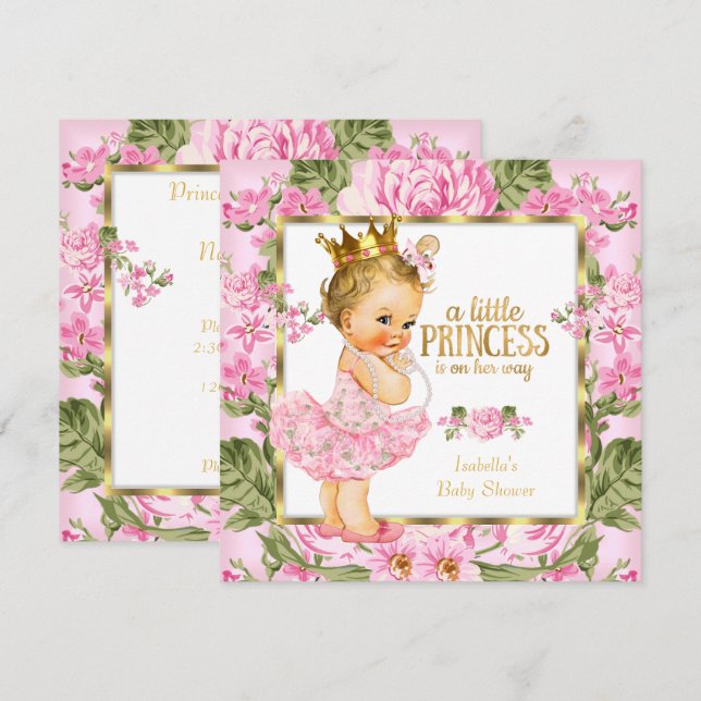 Convite Chuva de Bebê Princesa Rosa Dourado Floral Loira (Frente/Verso)