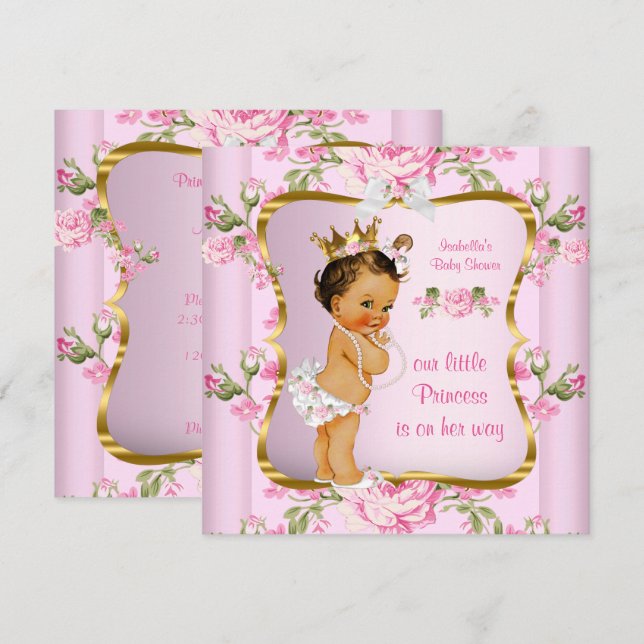 Convite Chuva de Bebê Princesa Rosa Dourado Floral Morena (Frente/Verso)
