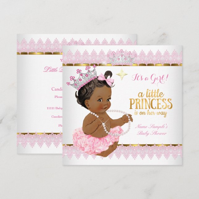 Convite Chuva de Bebê Princesa Rosa Dourado Menina Étnica (Frente/Verso)