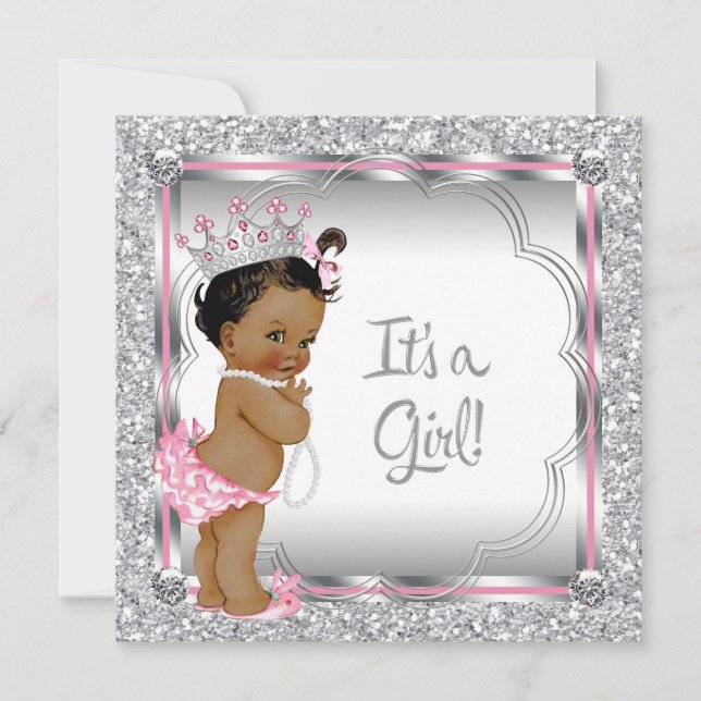 Convite Chuva de Bebê Princesa Rosa Étnica Afro-Americana (Frente)