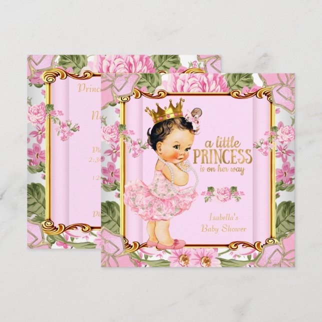 Convite Chuva de Bebê Princesa Rosa Floral Morena (Frente/Verso)