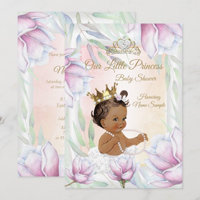 Convite Chuva de Bebê Princesa Rosa Lilás Floral Étnico (Frente/Verso)
