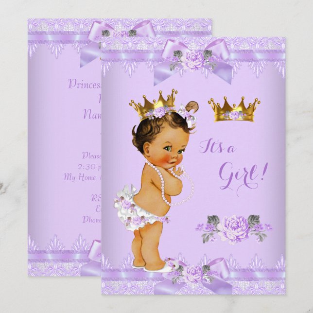 Convite Chuva de Bebê Princesa Rosa Lilás Roxo Renda Moren (Frente/Verso)